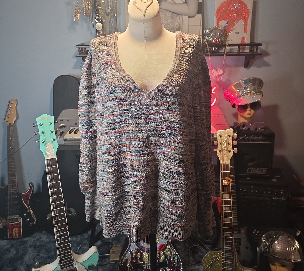 NIC+ZOE Multicolor Knit V-Neck Sweater — Gray, Blue & Pink Tones